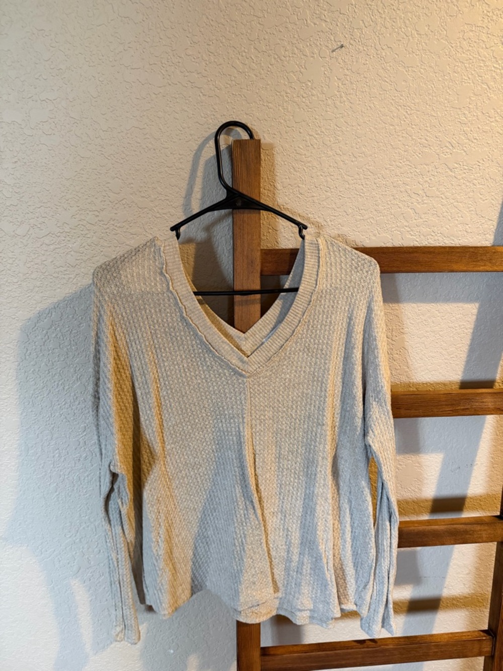 Light Beige Waffle Knit V-Neck Sweater